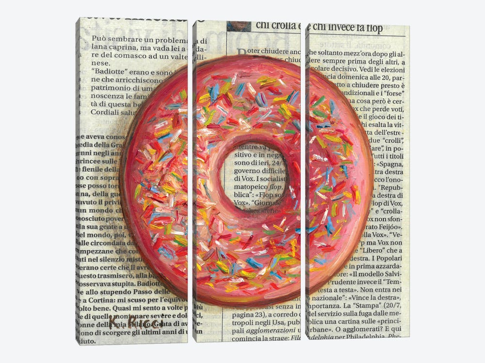 Red Donut On Newspaper by Katia Ricci 3-piece Canvas Wall Art