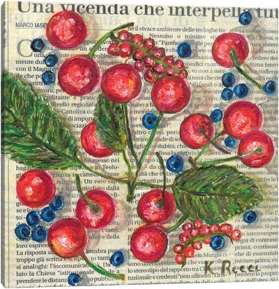 Cherries And Blueberries On Newspaper Canvas Art Print - Katia Ricci