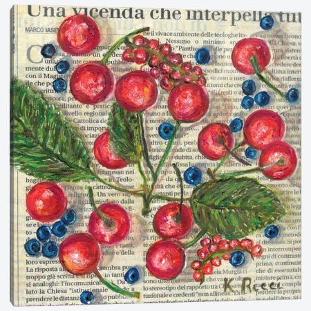 Cherries And Blueberries On Newspaper Canvas Print #RCI44} by Katia Ricci Art Print