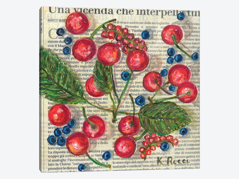 Cherries And Blueberries On Newspaper by Katia Ricci 1-piece Canvas Art Print