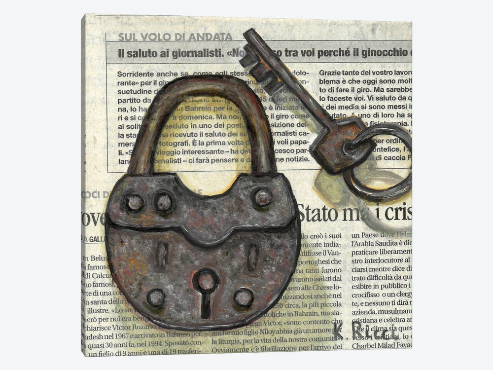 Padlock With Key On Newspaper by Katia Ricci 1-piece Art Print