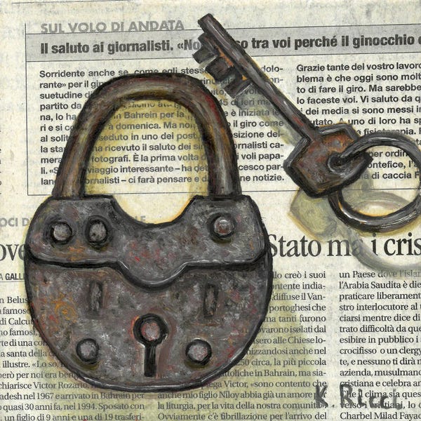 Katia Ricci: Padlock With Key On Newspaper by Katia Ricci