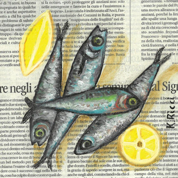 Anchovies With Lemon On Newspaper by Katia Ricci wall art