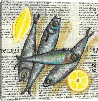 Anchovies With Lemon On Newspaper Canvas Art Print - Katia Ricci