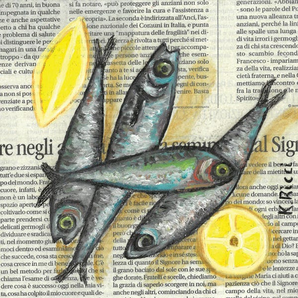 Dining Room: Anchovies With Lemon On Newspaper by Katia Ricci