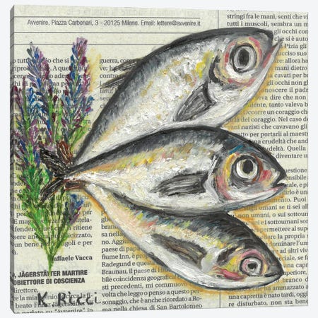 Three Fishes With Lavender On Newspaper Canvas Print #RCI48} by Katia Ricci Canvas Art