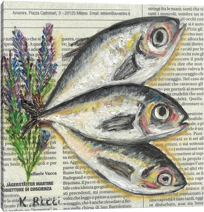 Three Fishes With Lavender On Newspaper Canvas Art Print - Lavender Art