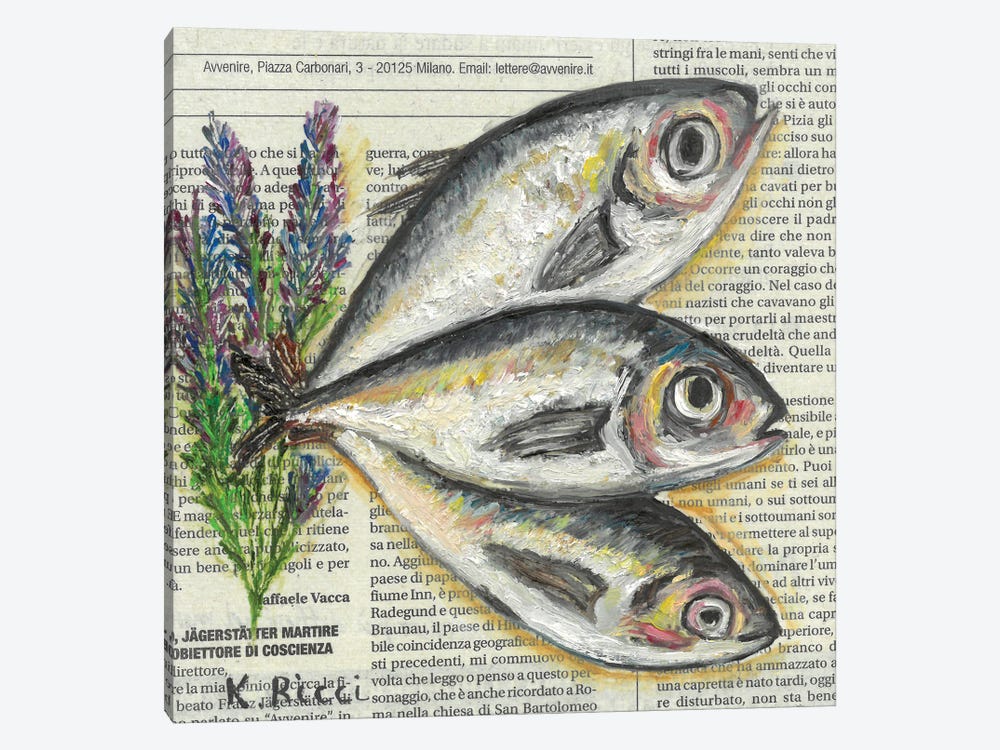 Three Fishes With Lavender On Newspaper by Katia Ricci 1-piece Art Print
