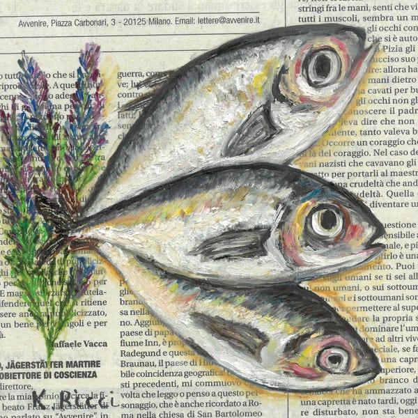 Herbs: Three Fishes With Lavender On Newspaper by Katia Ricci
