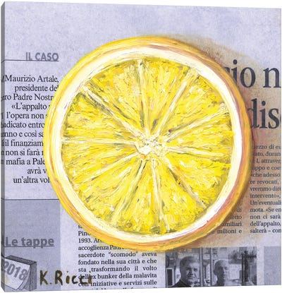 Lemon Slice On Newspaper Canvas Art Print - Lemon & Lime Art