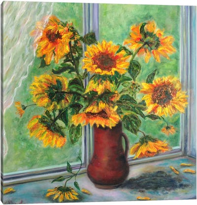 Sunflowers At The Window Canvas Art Print - Green Art