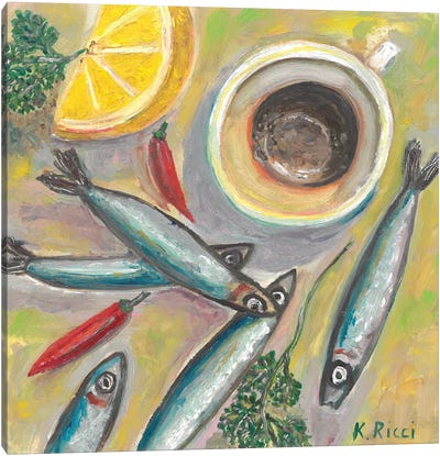 Anchovies And Coffee Cup On Table Canvas Art Print - Katia Ricci