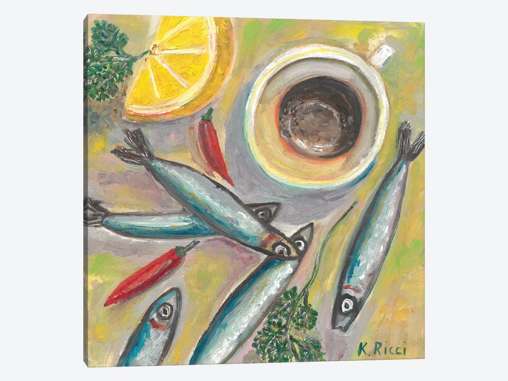 Anchovies And Coffee Cup On Table by Katia Ricci 1-piece Canvas Art Print
