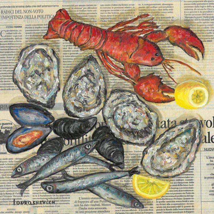 Seafood On Newspaper by Katia Ricci wall art