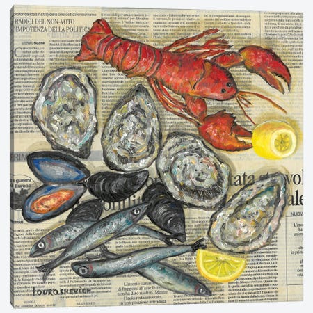 Seafood On Newspaper Canvas Print #RCI61} by Katia Ricci Canvas Wall Art