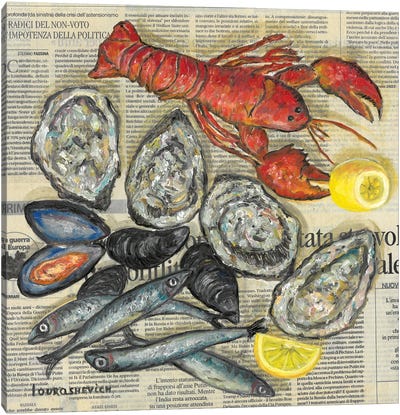 Seafood On Newspaper Canvas Art Print - Cream Art