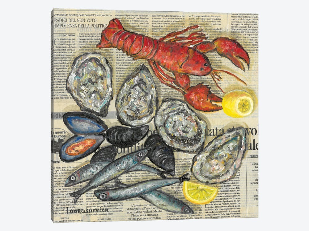 Seafood On Newspaper by Katia Ricci 1-piece Canvas Art