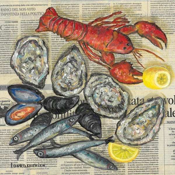 Katia Ricci: Seafood On Newspaper by Katia Ricci