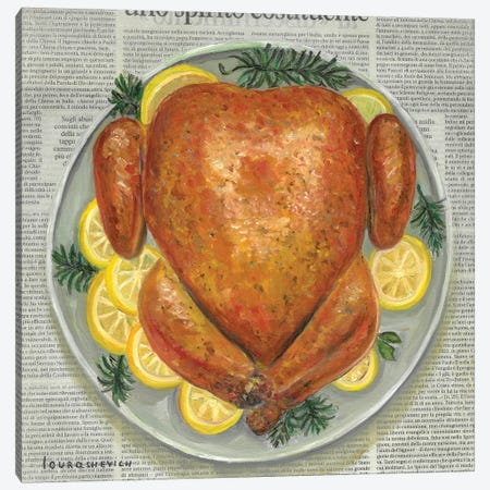 Turkey With Lemon And Rosemary On Newspaper Canvas Print #RCI62} by Katia Ricci Canvas Art