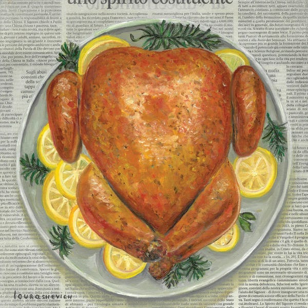 Katia Ricci: Turkey With Lemon And Rosemary On Newspaper by Katia Ricci