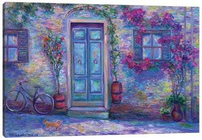 Scene In The Old Italian Courtyard Canvas Art Print - Purple Art