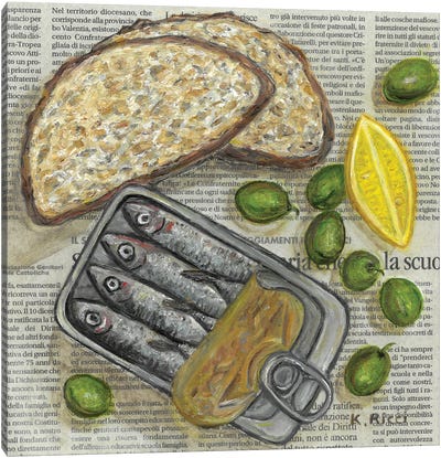 Sardines Tin With Bread Slices, Olives And Lemon On Newspaper Canvas Art Print - Katia Ricci