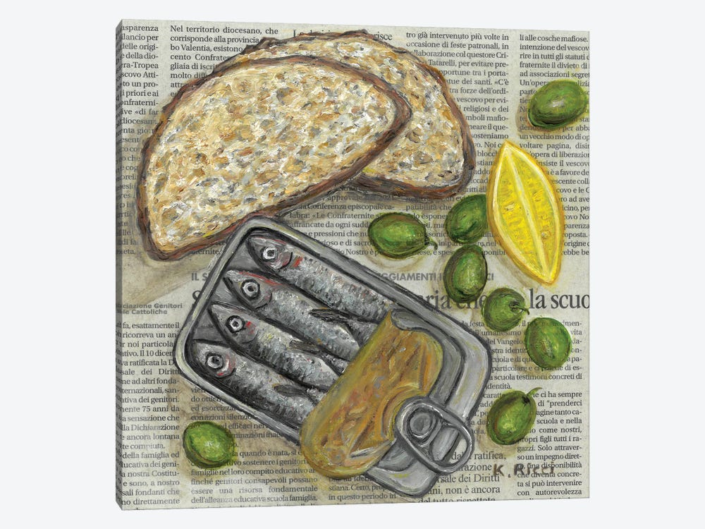Sardines Tin With Bread Slices, Olives And Lemon On Newspaper by Katia Ricci 1-piece Canvas Art Print