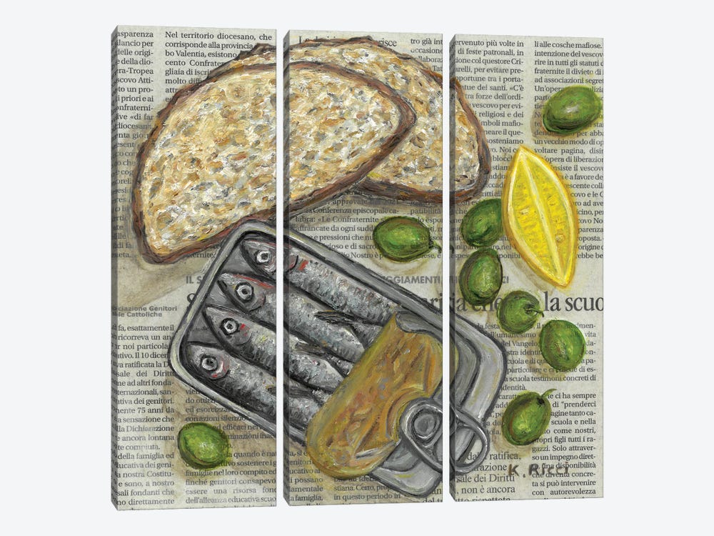 Sardines Tin With Bread Slices, Olives And Lemon On Newspaper by Katia Ricci 3-piece Art Print