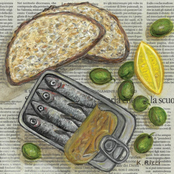 Katia Ricci: Sardines Tin With Bread Slices, Olives And Lemon On Newspaper by Katia Ricci
