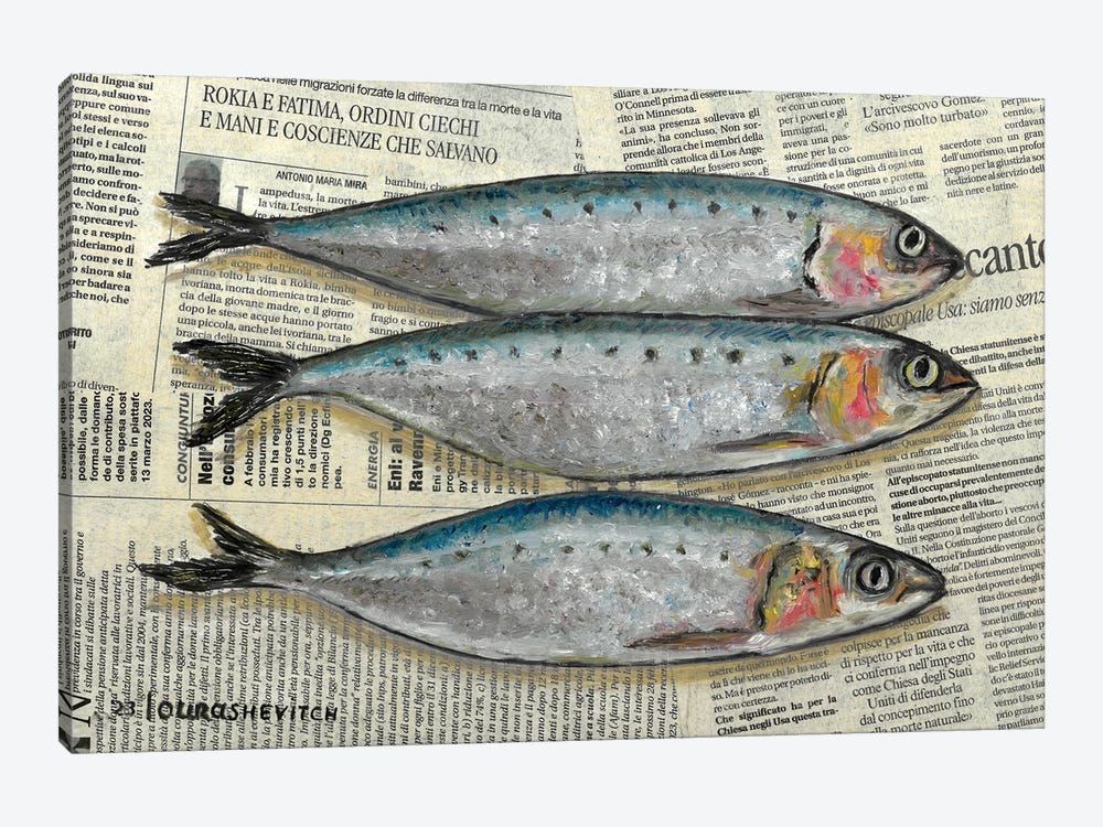 Fishes On Newspaper by Katia Ricci 1-piece Canvas Print