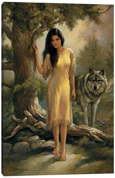 Guiding Forth-Native American And Wolf Canvas Art Print - Russ Docken