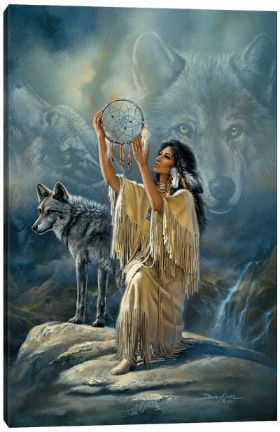 Inner Quest-Native American And Wolves Canvas Art Print - Russ Docken