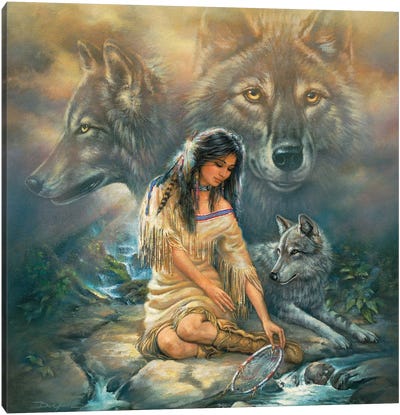 Inner Vision-Native American And Wolves Canvas Art Print - Russ Docken