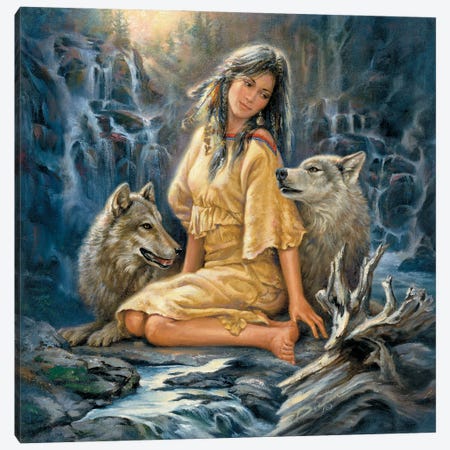 Loyal Companions-Woman And Wolves Canvas Print #RDC18} by Russ Docken Canvas Art