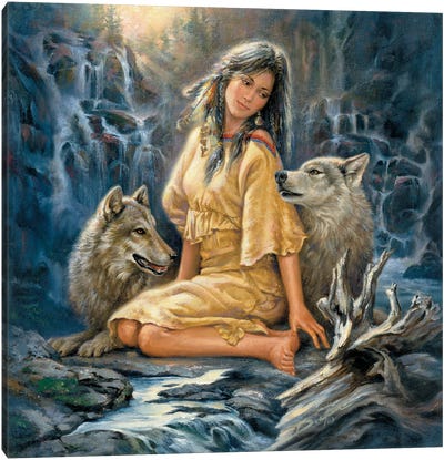 Loyal Companions-Woman And Wolves Canvas Art Print - Russ Docken