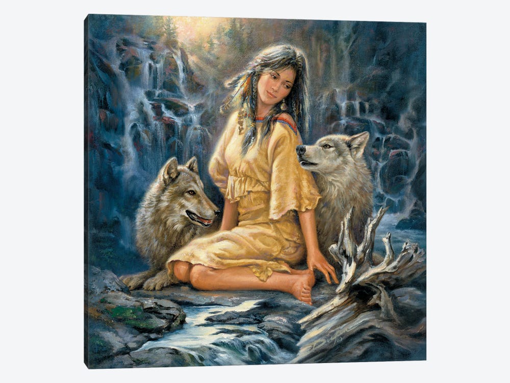 Loyal Companions-Woman And Wolves by Russ Docken 1-piece Canvas Wall Art
