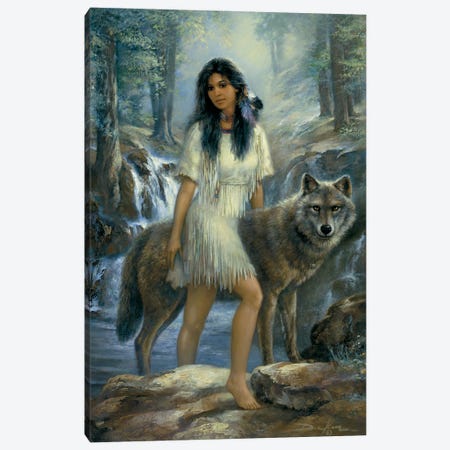 Loyal Guardian-Native American Woman And Wolf Canvas Print #RDC19} by Russ Docken Canvas Wall Art