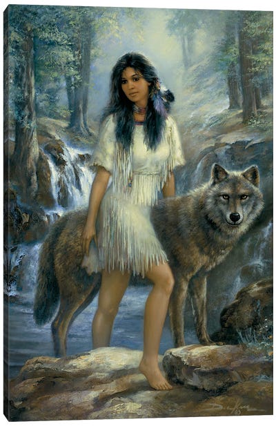Loyal Guardian-Native American Woman And Wolf Canvas Art Print - Feather Art