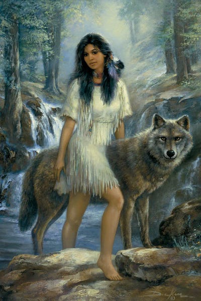 Russ Docken: Loyal Guardian-Native American Woman And Wolf by Russ Docken