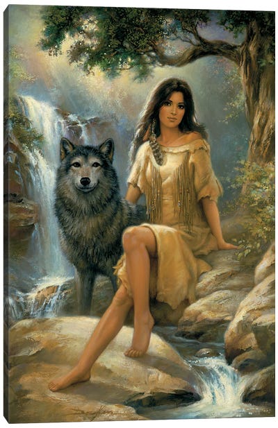 Peaceful Presence-Native American Woman And Wolf Canvas Art Print - Russ Docken
