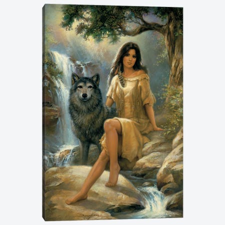 Peaceful Presence-Native American Woman And Wolf Canvas Print #RDC20} by Russ Docken Canvas Print