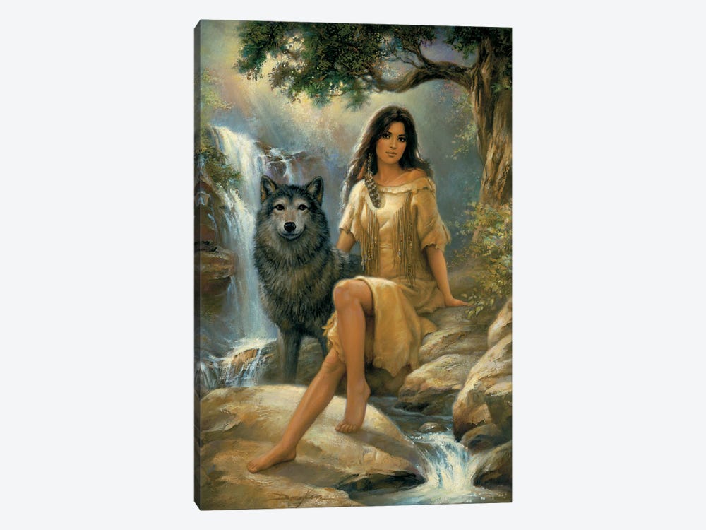 Peaceful Presence-Native American Woman And Wolf by Russ Docken 1-piece Art Print