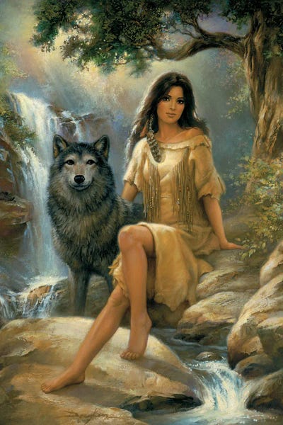 Russ Docken: Peaceful Presence-Native American Woman And Wolf by Russ Docken