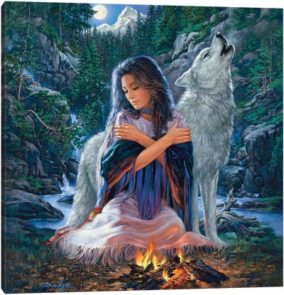 Peaceful Spirit-Woman And Wolf Canvas Art Print - Russ Docken