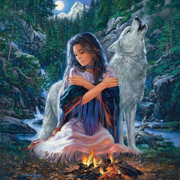 Russ Docken: Peaceful Spirit-Woman And Wolf by Russ Docken