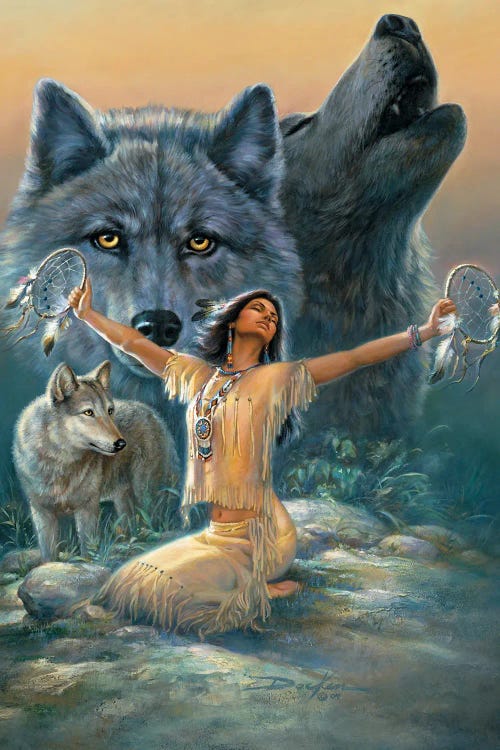 Sacred Dream-Native American And Wolves by Russ Docken wall art
