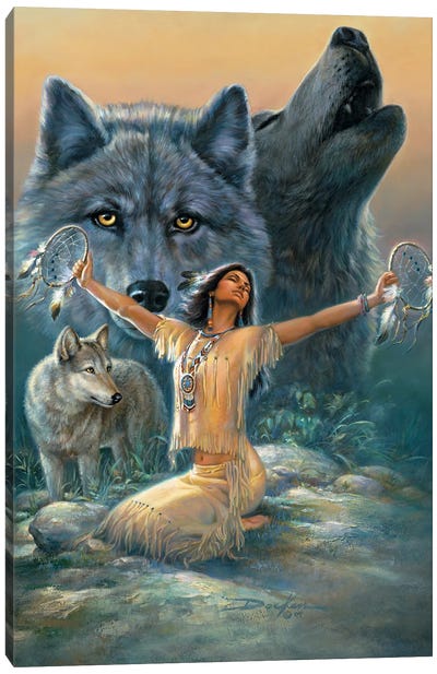 Sacred Dream-Native American And Wolves Canvas Art Print - Russ Docken