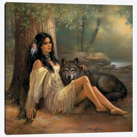 Silent Devotions-Native American And Wolf Canvas Print #RDC24} by Russ Docken Canvas Art