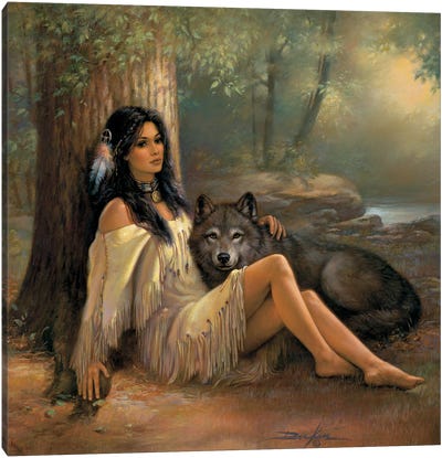 Silent Devotions-Native American And Wolf Canvas Art Print - Russ Docken
