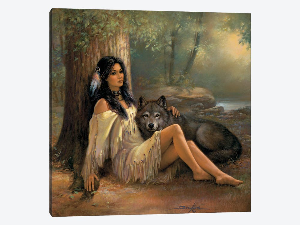 Silent Devotions-Native American And Wolf by Russ Docken 1-piece Canvas Print